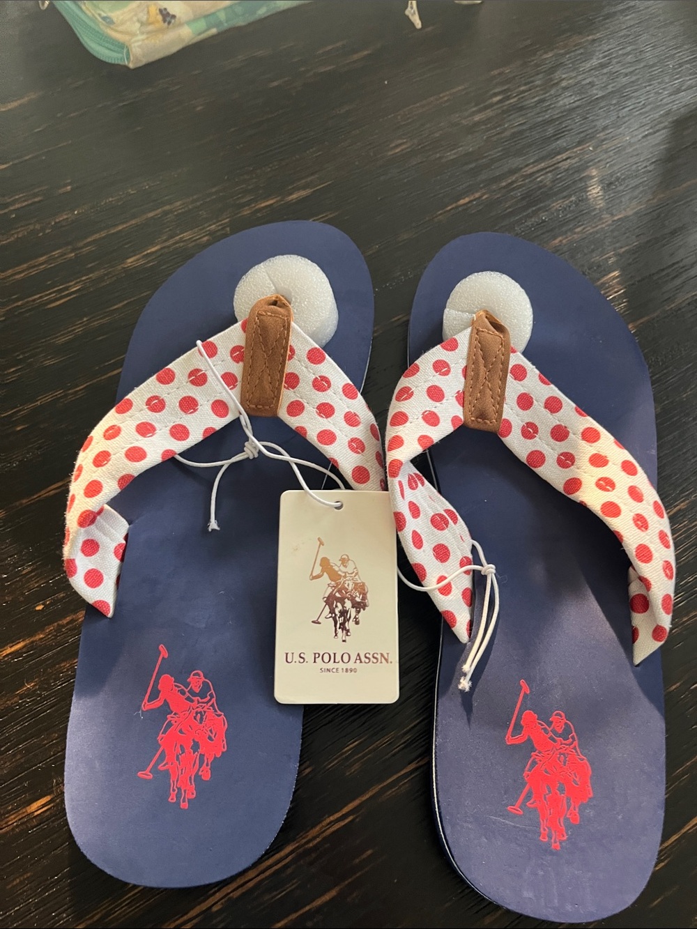 U.S. Polo Assn. Navy Flip Flops with Red Polka Dot Straps 7/8